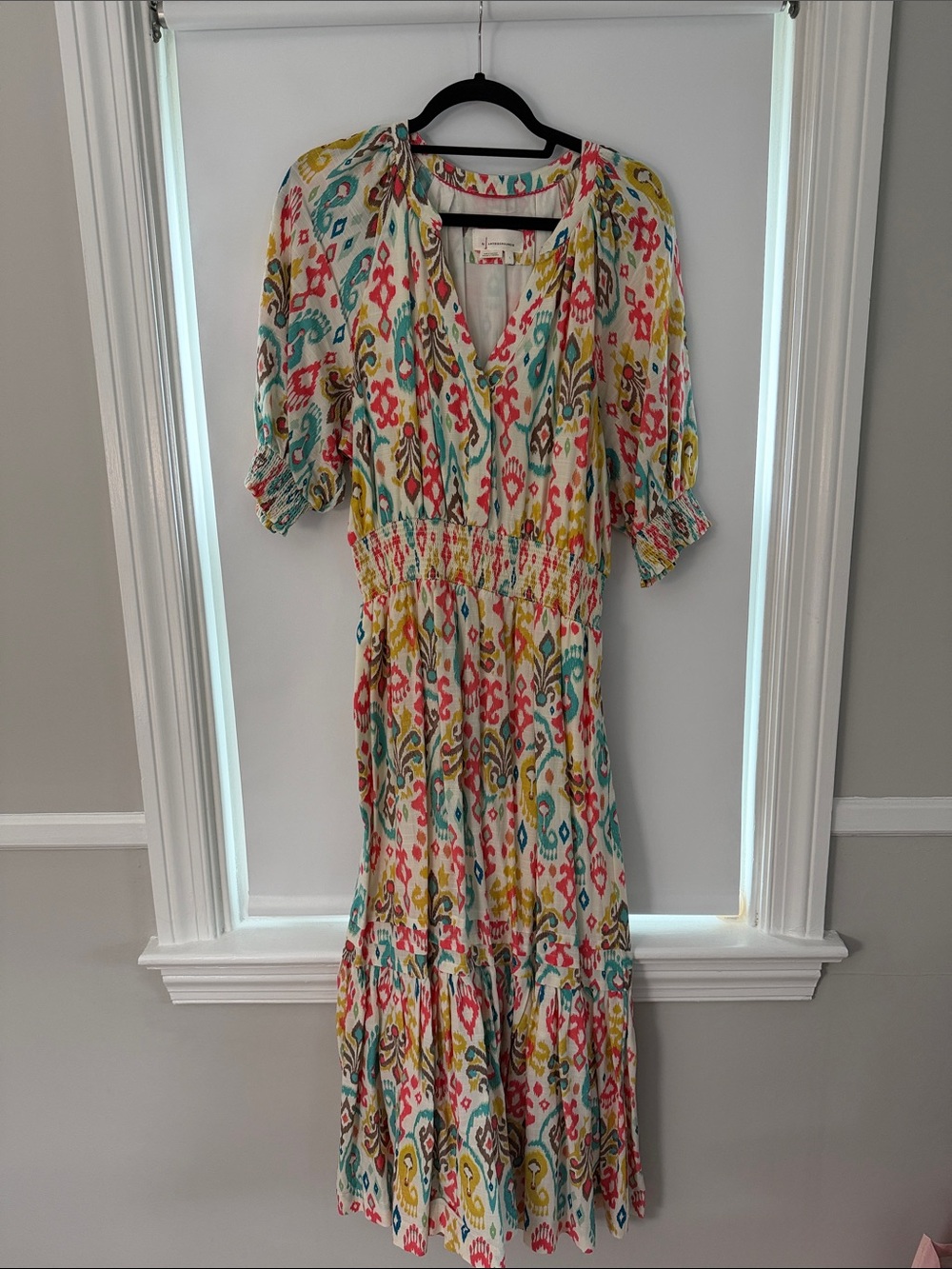 Anthropologie Boho Ikat Print Smocked Waist Maxi Dress in Multi